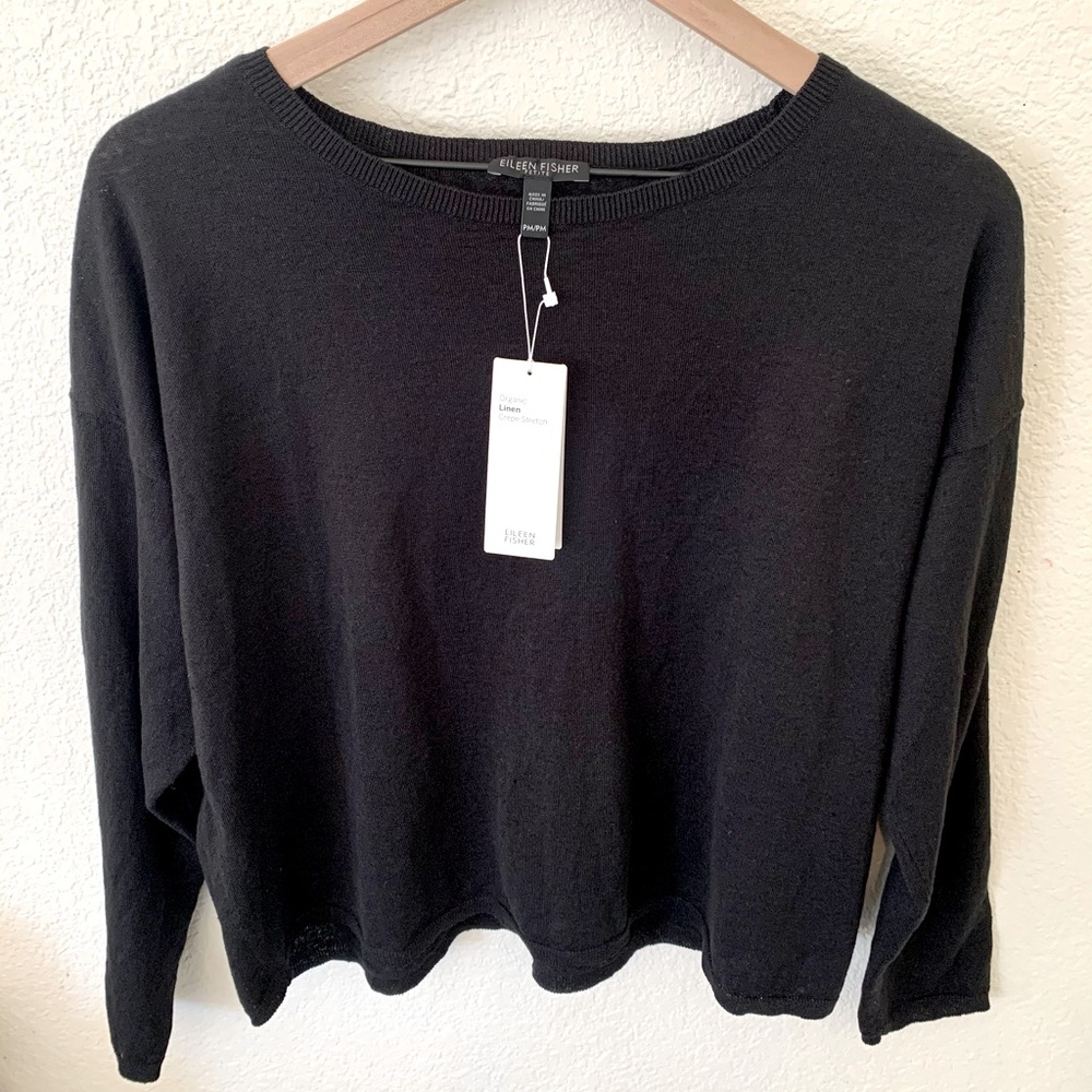 EILEEN FISHER Petite Black Linen Top